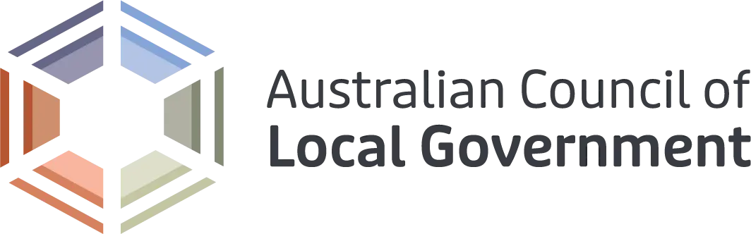 Logo of the Australian Council of Local Government, featuring geometric shapes in blue, orange, and beige forming a circular pattern to the left of the organization’s name in bold, black text.