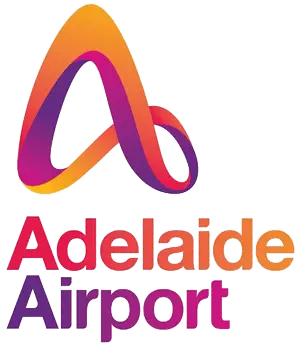 Adelaide Airport logo featuring a stylized, multicolored "A" in orange, pink, and purple, with the words "Adelaide Airport" below in matching gradient colors.
