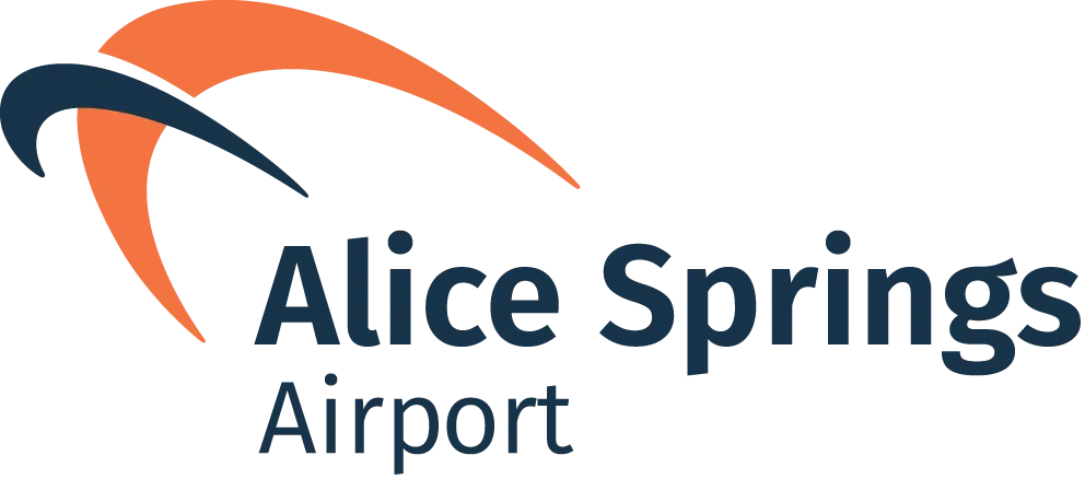 Logo for Alice Springs Airport featuring an abstract orange and dark blue curved design above the words "Alice Springs Airport" in bold, modern lettering.