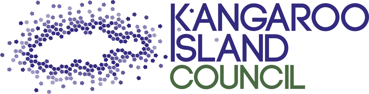 Logo of Kangaroo Island Council featuring a stylized, pixelated outline of Kangaroo Island in dark blue with the words "Kangaroo Island Council" in bold uppercase letters to the right of the outline.