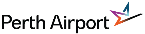 The image shows the logo of Perth Airport, featuring the words "Perth Airport" in black text and a colorful geometric bird on the right side.